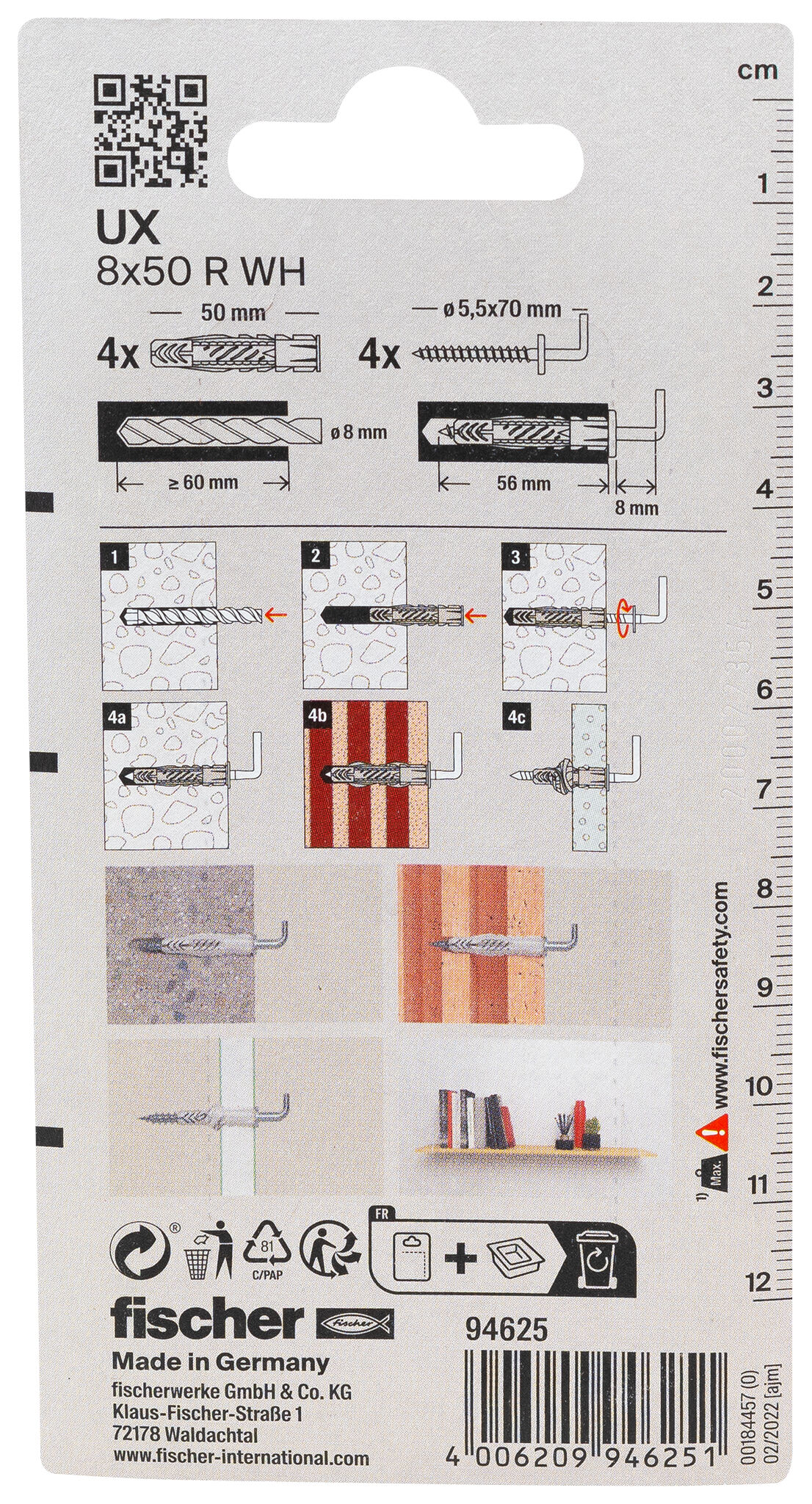 Packaging: "Taco universal Fischer UX 8 x 50 WH K con alcayata"