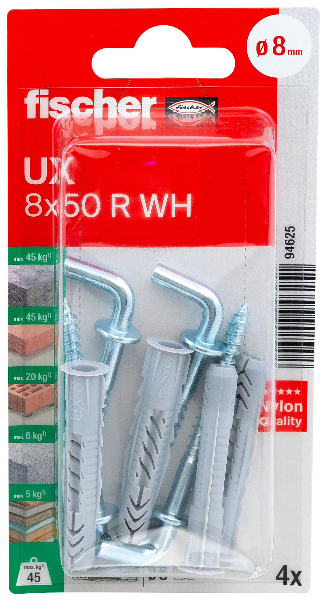 Packaging: "Taco universal Fischer UX 8 x 50 WH K con alcayata"