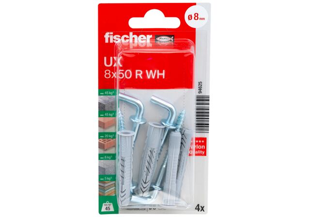 Verpackung: "fischer Universaldübel UX 8 x 50 WH mit Winkelhaken"