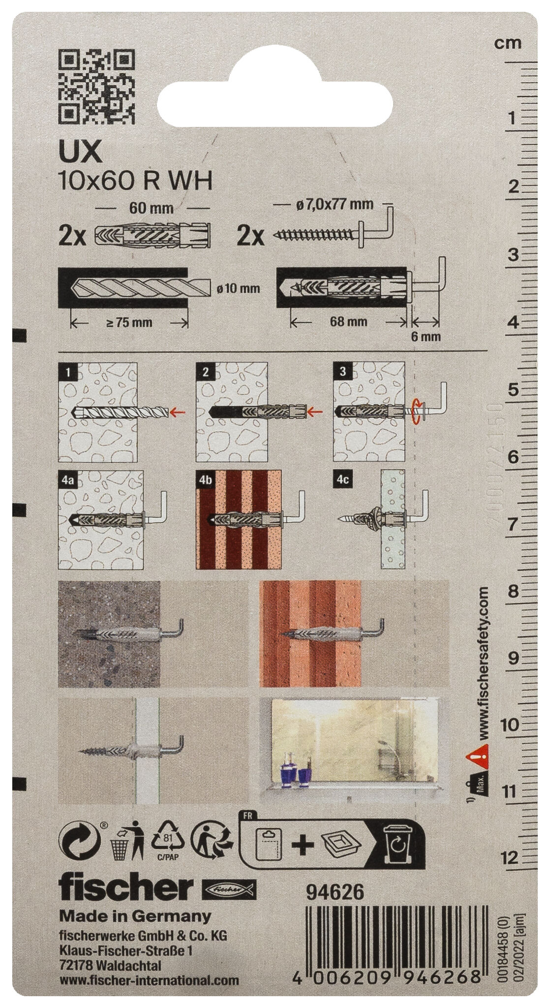 Packaging: "fischer Universal plug UX 10 x 60 R WH with rim and angle hook"