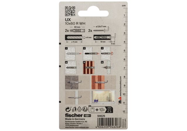 Verpackung: "fischer Universaldübel UX 10 x 60 WH mit Winkelhaken"