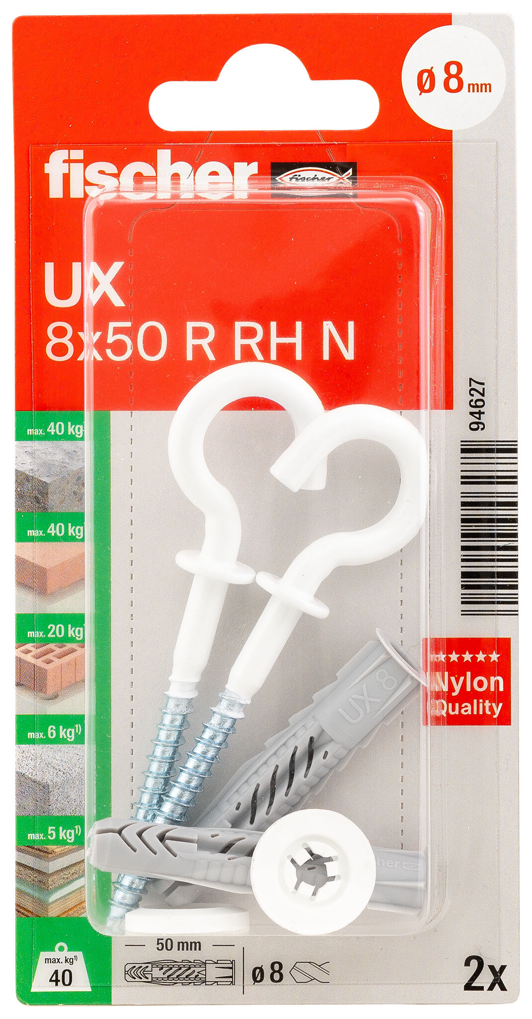 Packaging: "fischer Universal plug UX 8 x 50 R RH with rim and round hook"