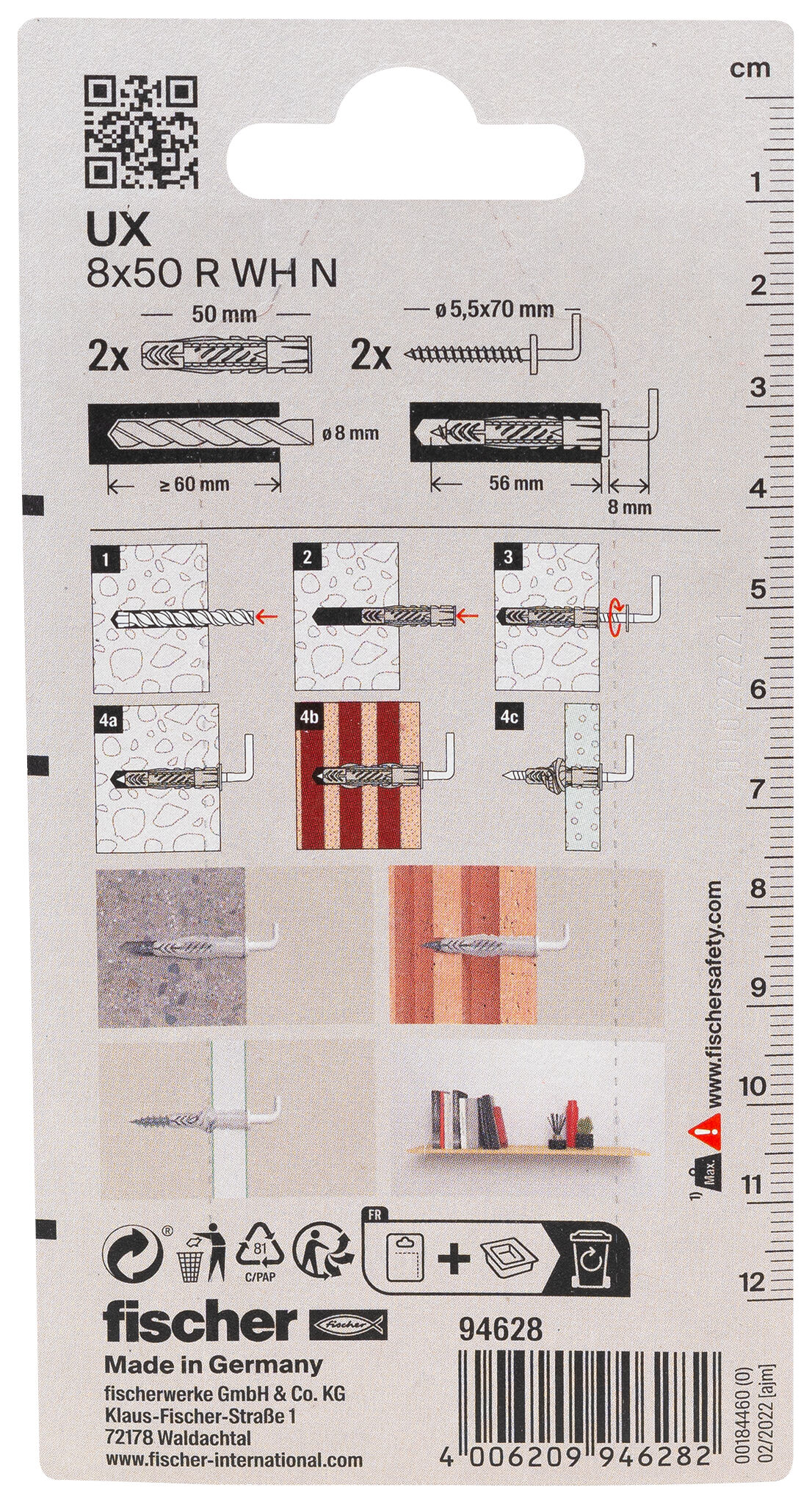 Packaging: "피셔 범용 플러그 UX 8 x 50 WH N K 림(rim)과 백색 앵글 훅"
