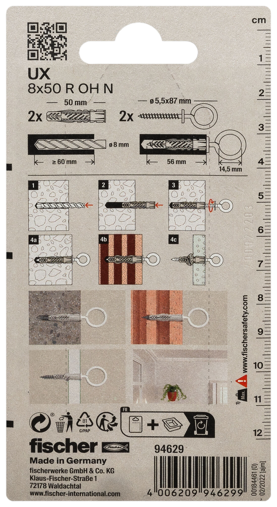 Verpackung: "fischer Universaldübel UX 8 x 50 OH mit Ösenhaken, nylonbeschichtet"