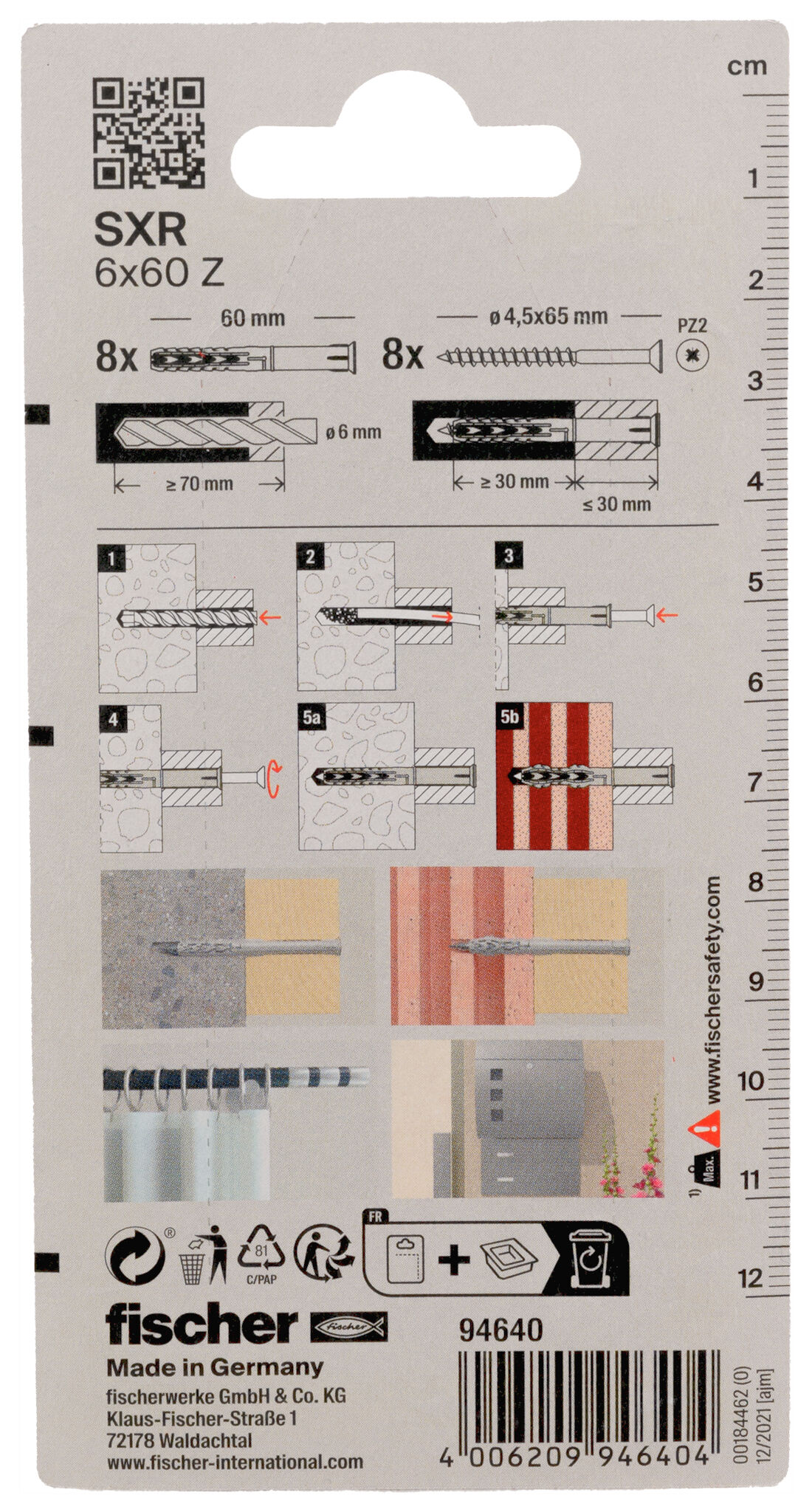 Verpackung: "fischer Langschaftdübel SXR 6 x 60 Z Senkkopfschraube (PZ)"