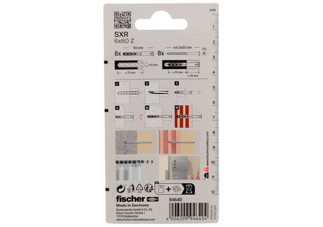 Packaging: "Cheville rallongée fischer SXR 6x60 Z avec vis à tête fraisée (PZ)"