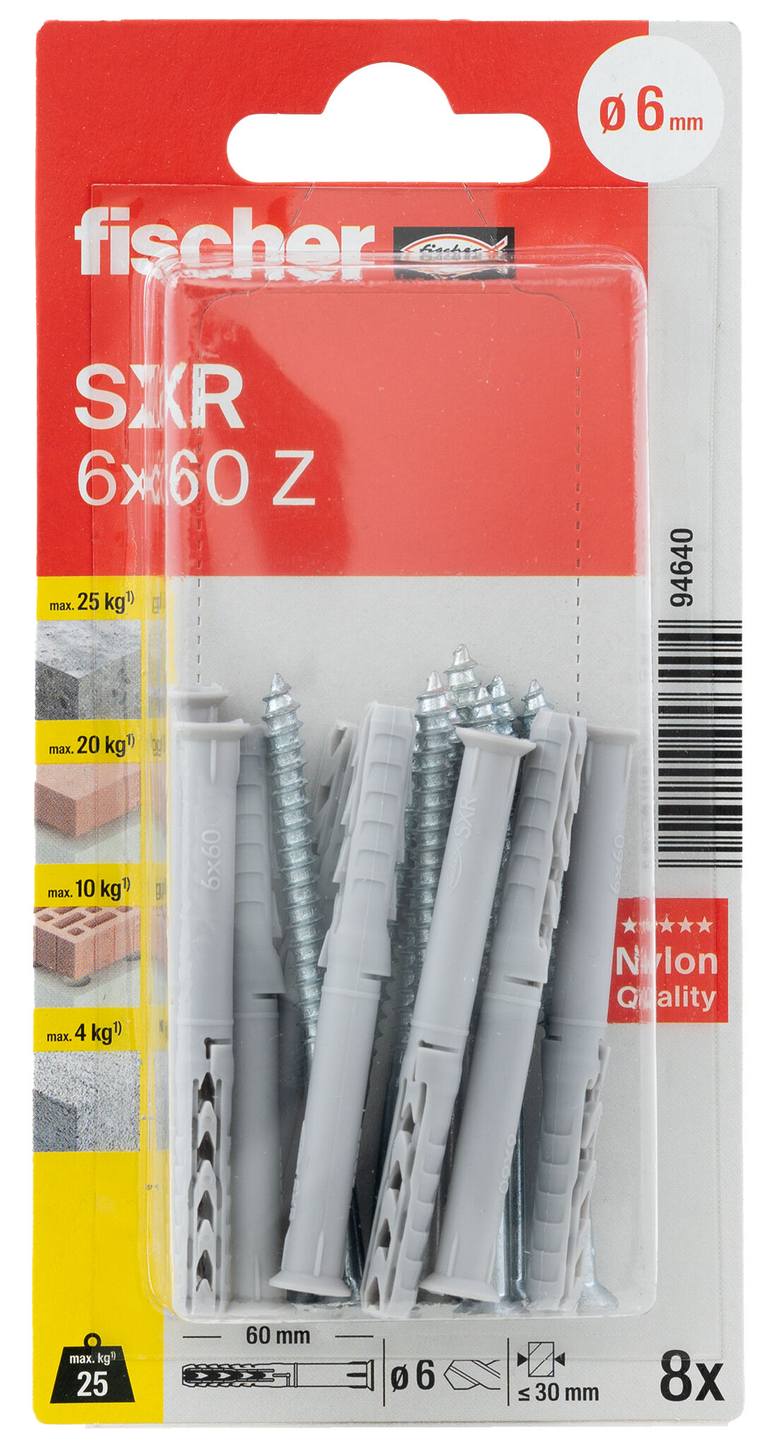 Verpackung: "fischer Langschaftdübel SXR 6 x 60 Z Senkkopfschraube (PZ)"