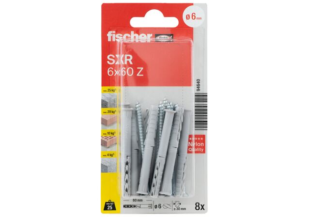 Packaging: "Cheville rallongée fischer SXR 6x60 Z avec vis à tête fraisée (PZ)"