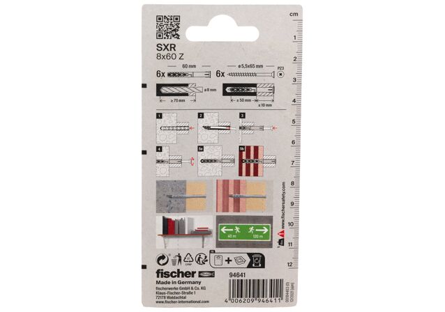Packaging: "Cheville rallongée fischer SXR 8x60 Z avec vis à tête fraisée (PZ)"