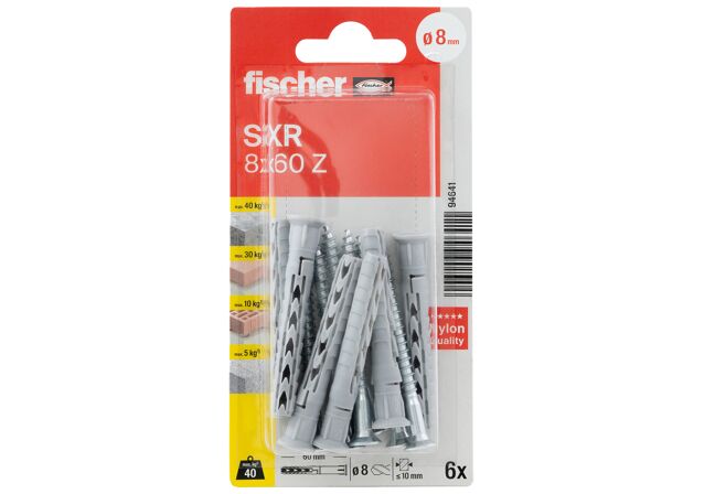 Packaging: "Cheville rallongée fischer SXR 8x60 Z avec vis à tête fraisée (PZ)"
