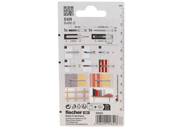 Packaging: "fischer Frame fixing SXR 8 x 80 Z with countersunk wood screw K SB-card"