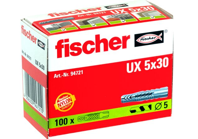 Packaging: "fischer Universal plug UX 5 x 30 without rim"