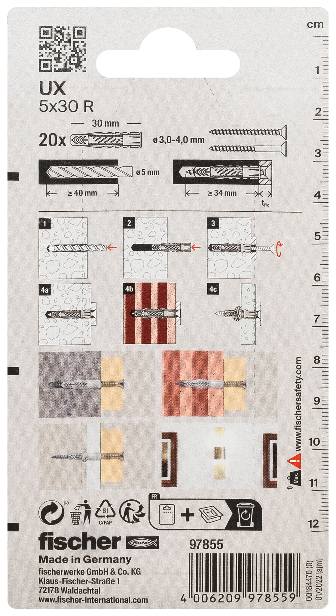Packaging: "fischer Universal plug UX 5 x 30 R K with rim"