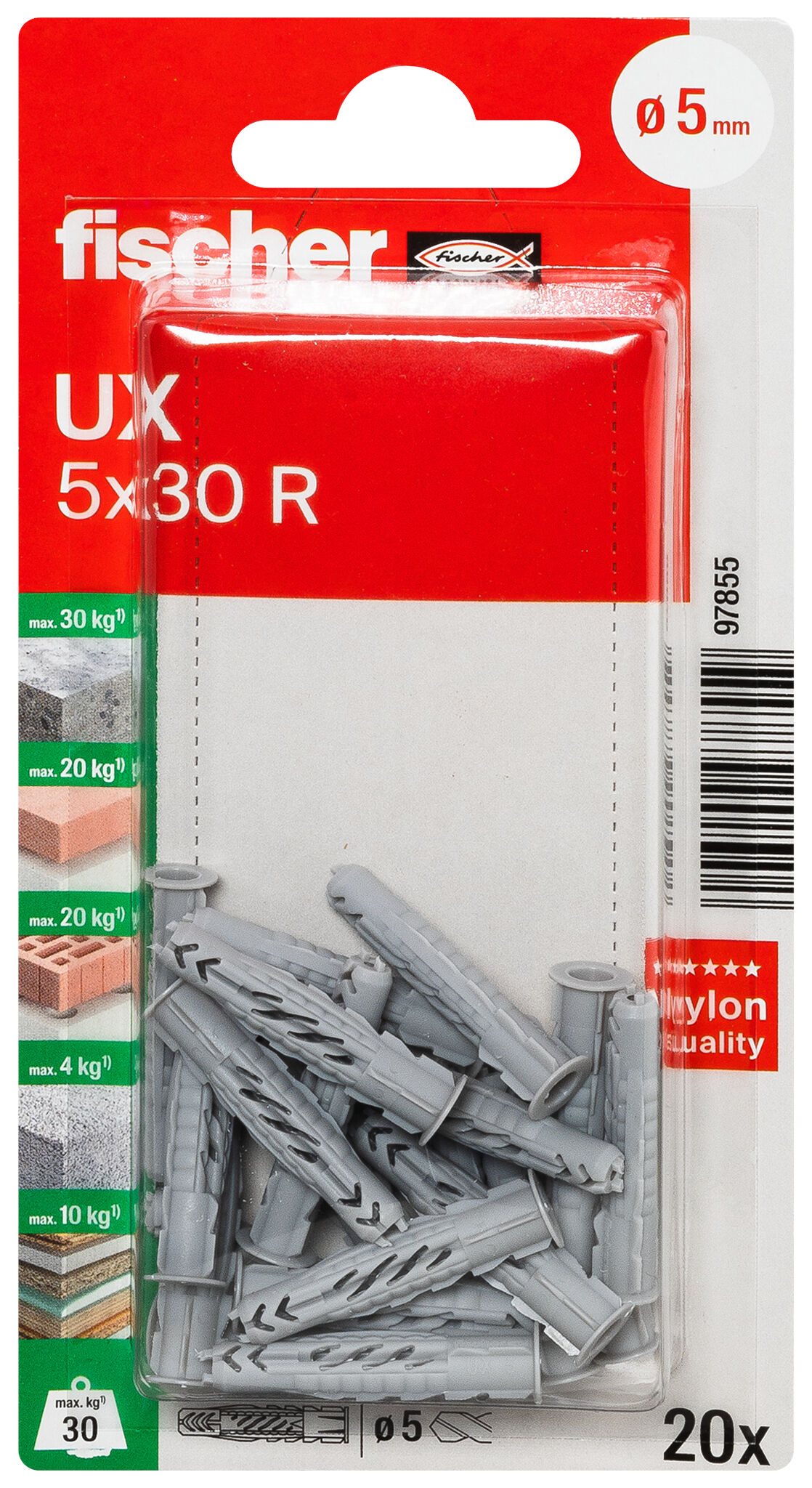 Packaging: "fischer Universal plug UX 5 x 30 R K with rim"