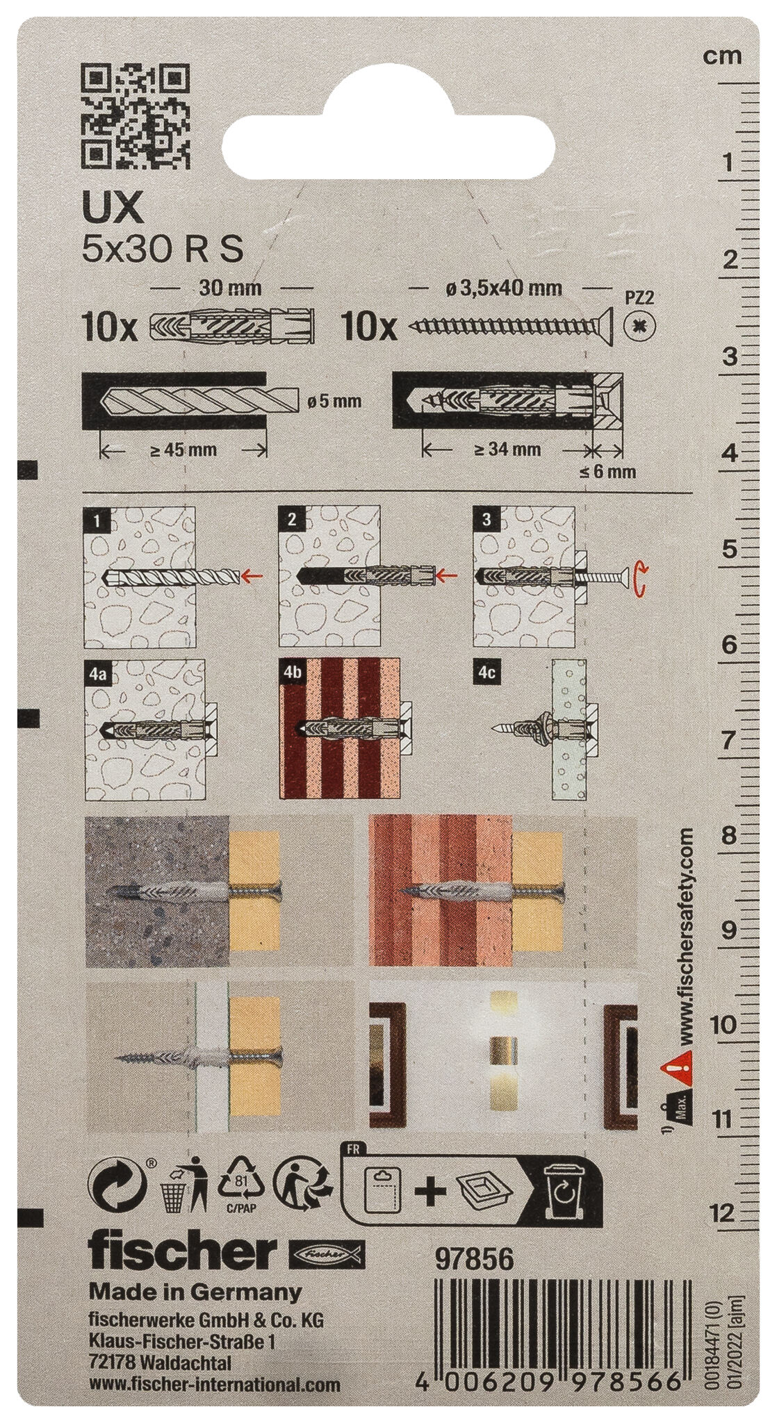 Verpackung: "fischer Universaldübel UX 5 x 30 R S mit Rand und Schraube"