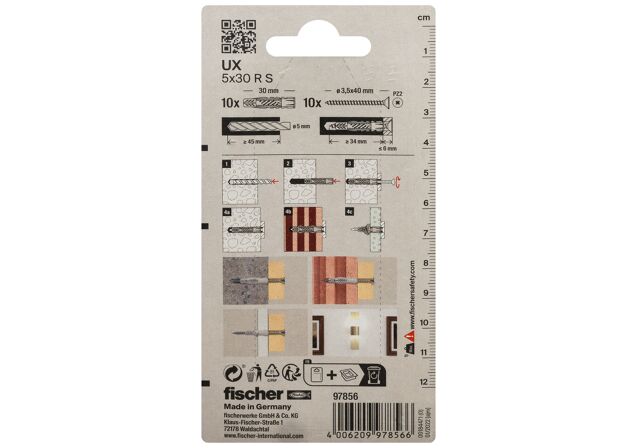 Packaging: "fischer Universal plug UX 5 x 30 RS K with rim and screw"