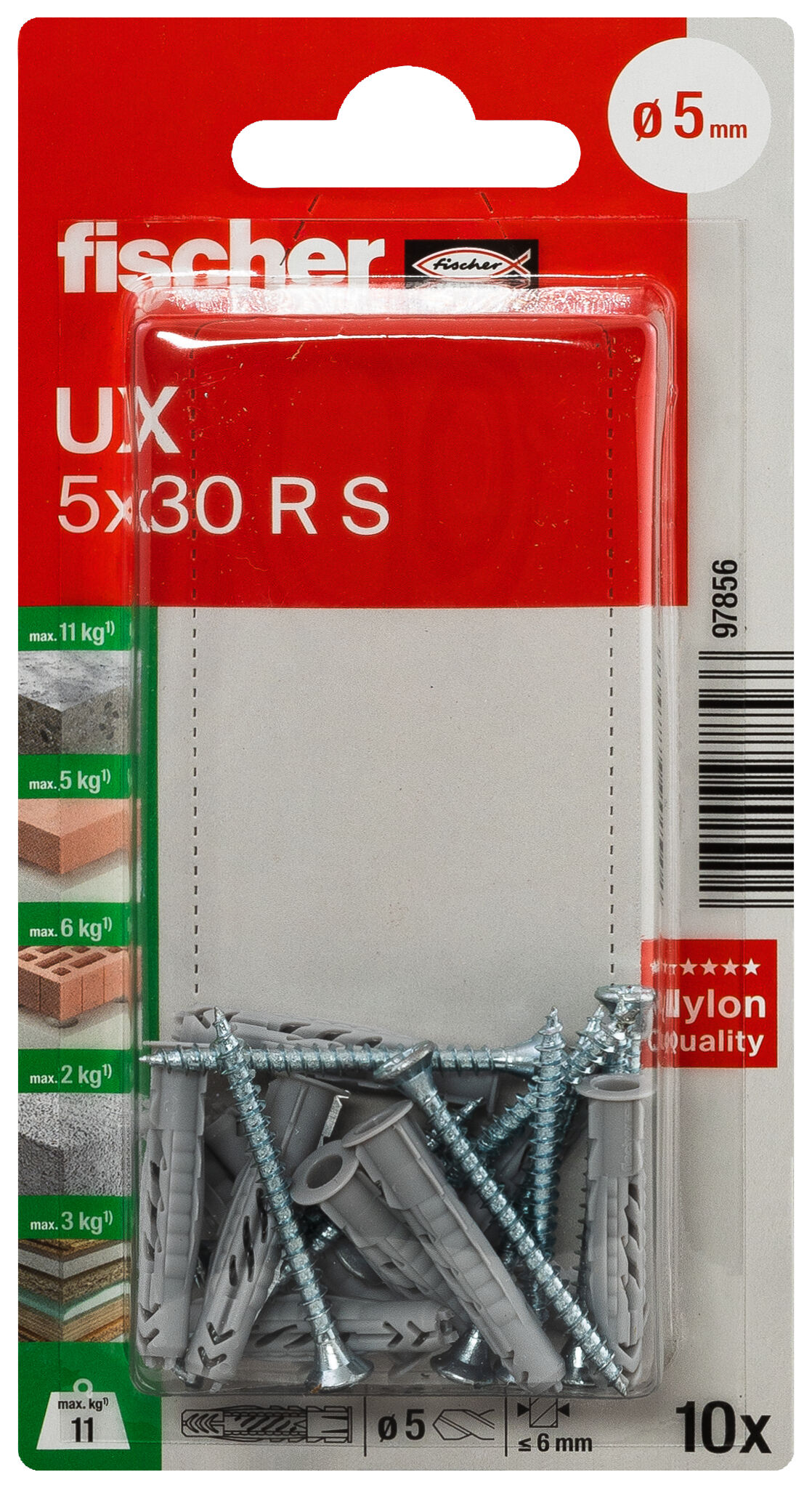 Verpackung: "fischer Universaldübel UX 5 x 30 R S mit Rand und Schraube"