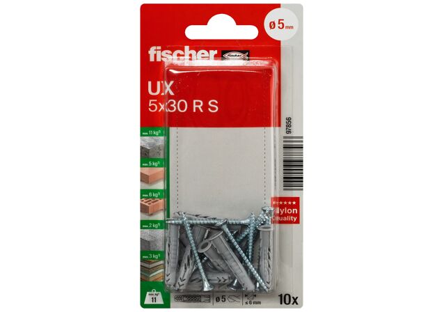 Packaging: "fischer Universal plug UX 5 x 30 RS K with rim and screw"