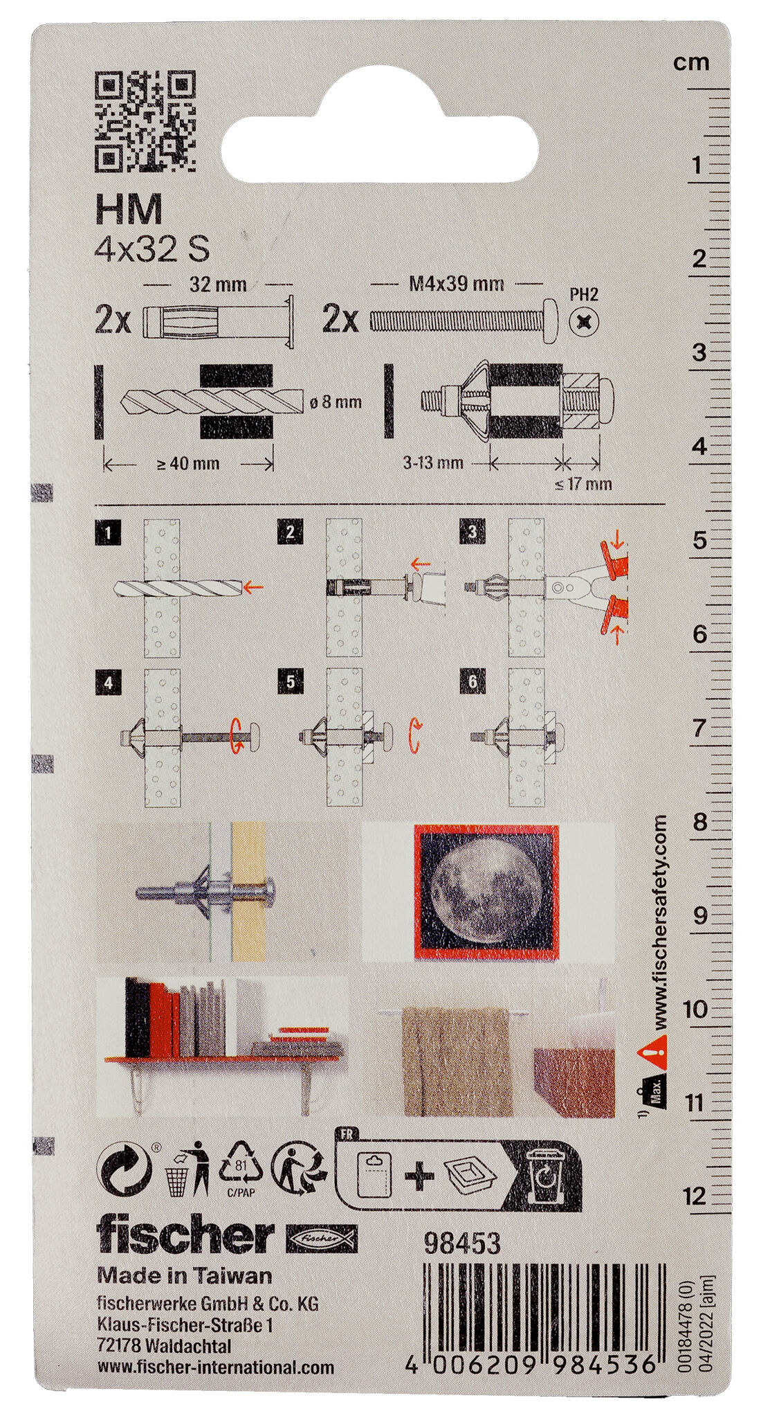 Packaging: "fischer Metal cavity fixing HM 4 x 32 S with screw SB-card"