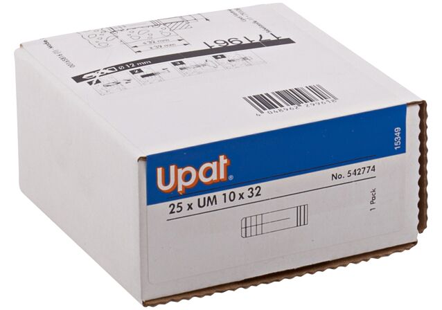 Verpackung: "Upat Messinganker UM 10x32 mit metrischem Innengewinde"