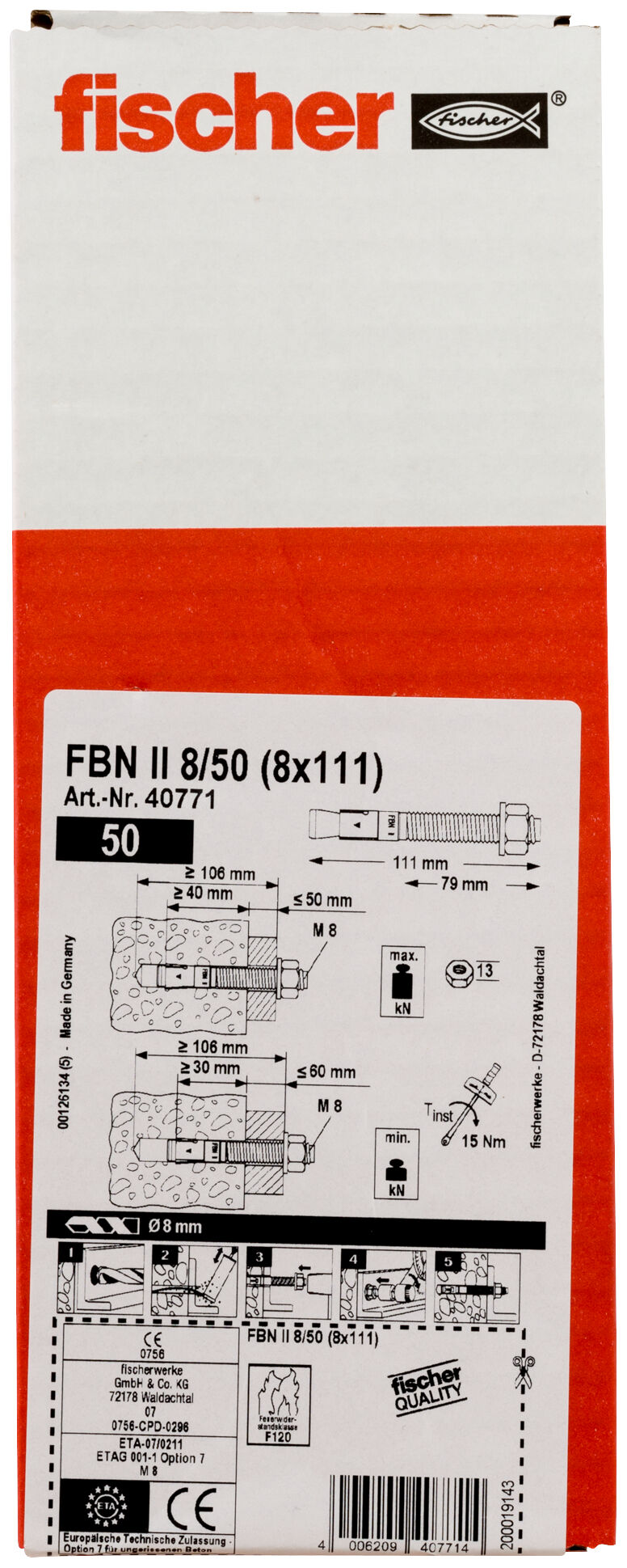 Boîte de 50 fischer Goujon FBN II 8/5 en acier électrozingué 
