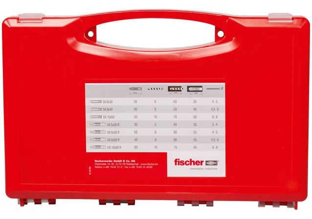 Packaging: "fischer RED BOX Universal plug SX und UX"