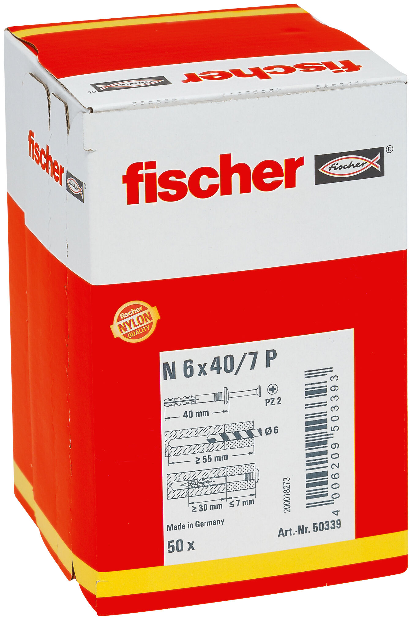 Packaging: "fischer Hammerfix N 6 x 40/7 P with countersunk head gvz carton"