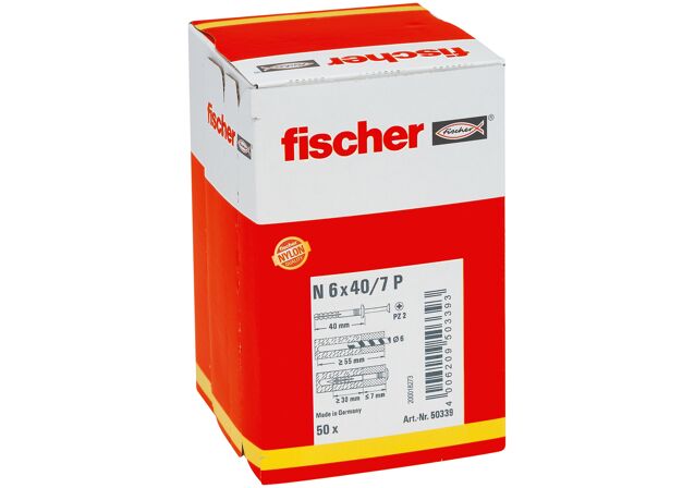 Packaging: "Гвоздевой дюбель fischer с плоским бортиком N 6 x 40/7 P с оцинкованным гвоздем, коробка"