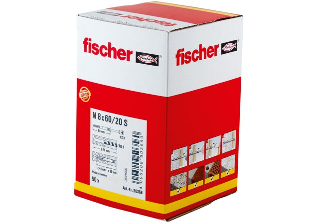 Packaging: "fischer Nagelplug N 8 x 60/20 S met verzonken kop"