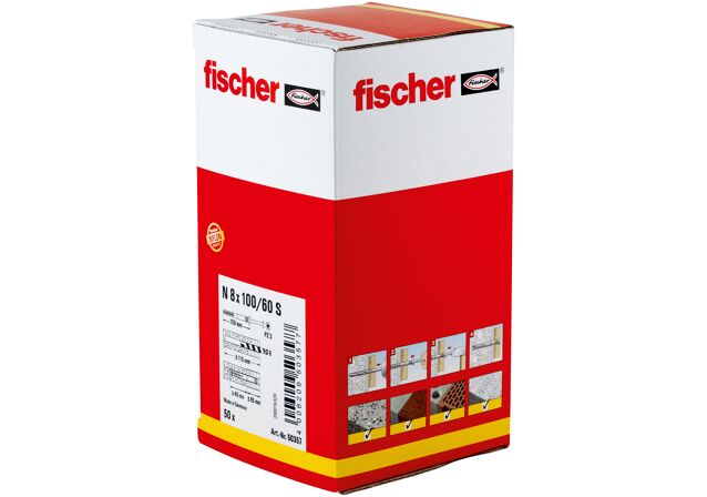 Packaging: "Гвоздевой дюбель fischer с потайным бортиком N 8 x 100/60 S с оцинкованным гвоздем, коробка"