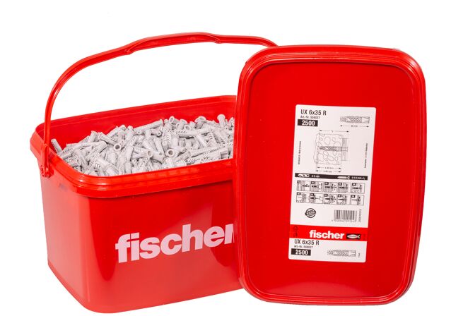 Packaging: "fischer Universal plug UX 6 x 35 R in bucket"