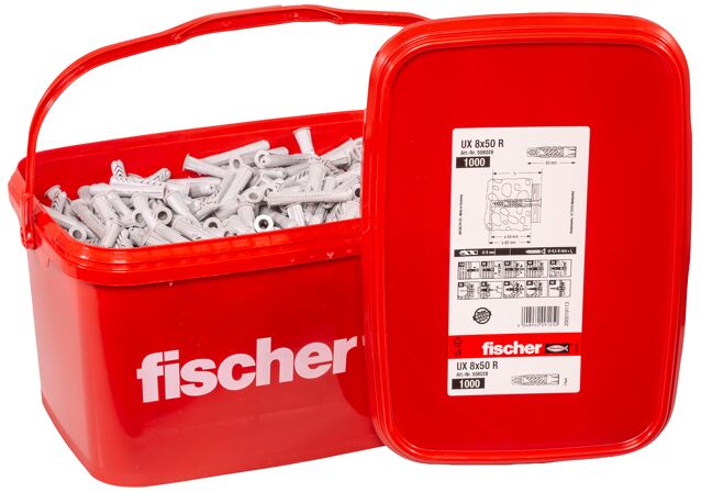 Packaging: "fischer Universal plug UX 8 x 50 R in bucket"