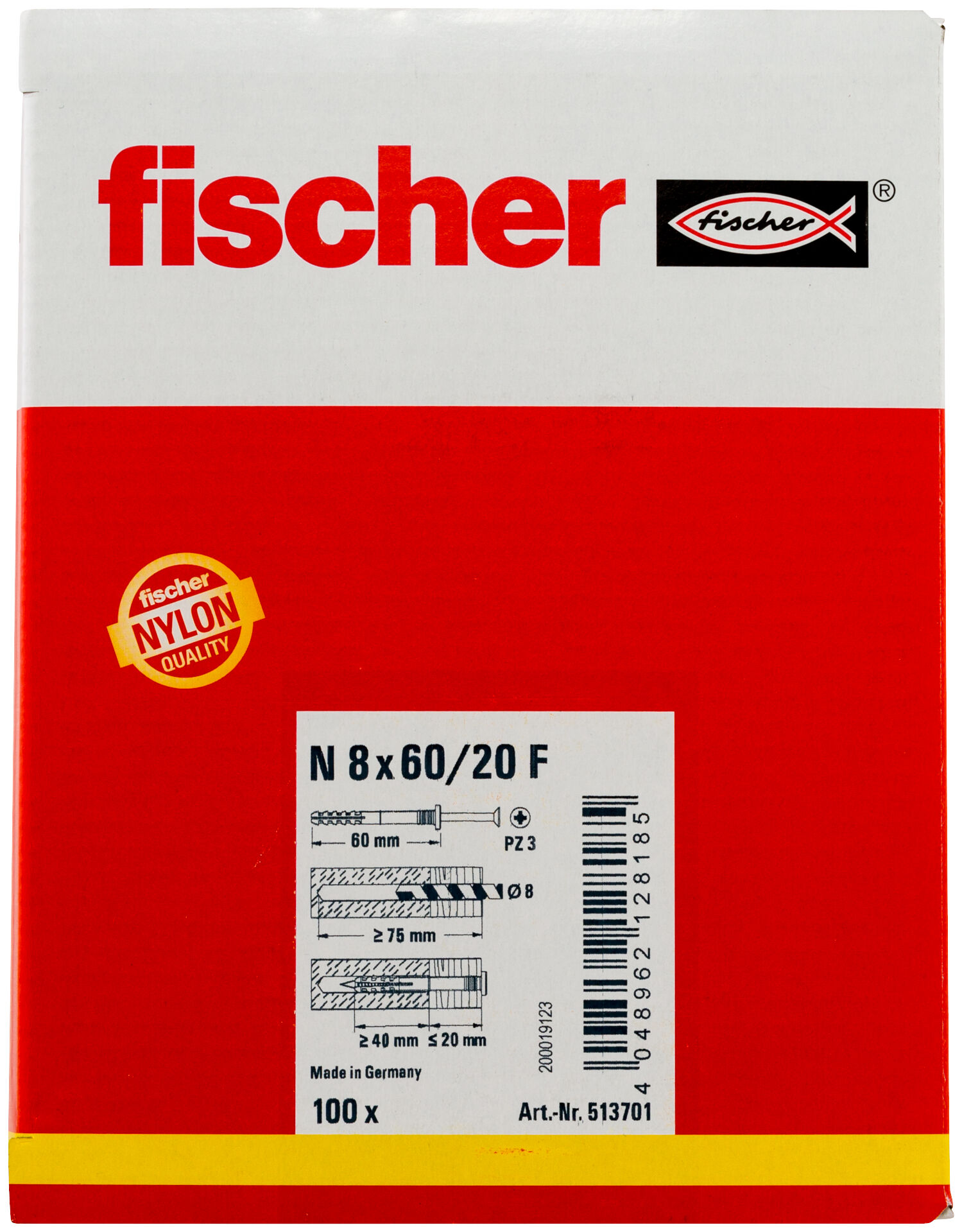Packaging: "fischer Hammerfix N 8 x 60/20 F with flat head gvz"