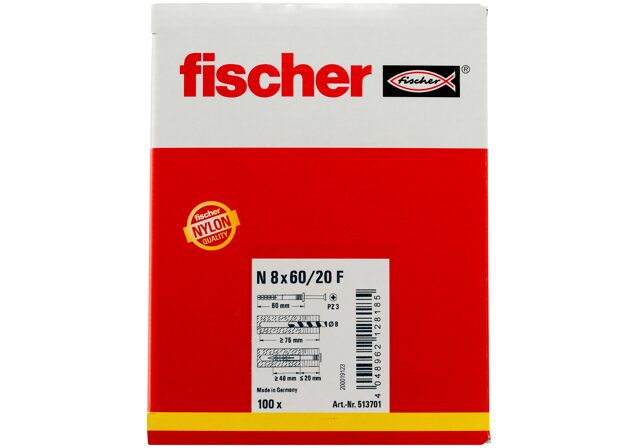 Packaging: "fischer Nagelplug N 8 x 60/20 F met platte kop"