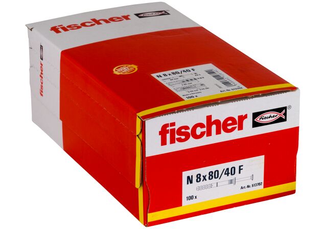 Packaging: "Гвоздевой дюбель fischer с цилиндрическим бортиком N 8 x 80/40 F с оцинкованным гвоздем"