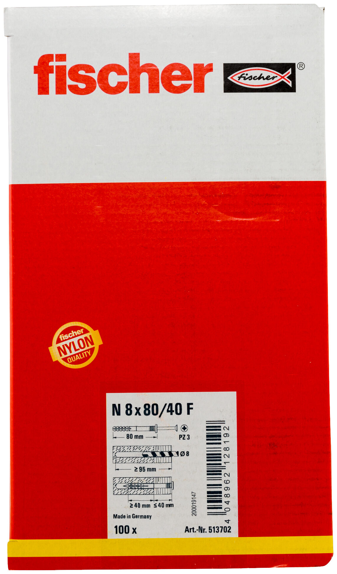 Packaging: "fischer Hammerfix N 8 x 80/40 F with flat head gvz"