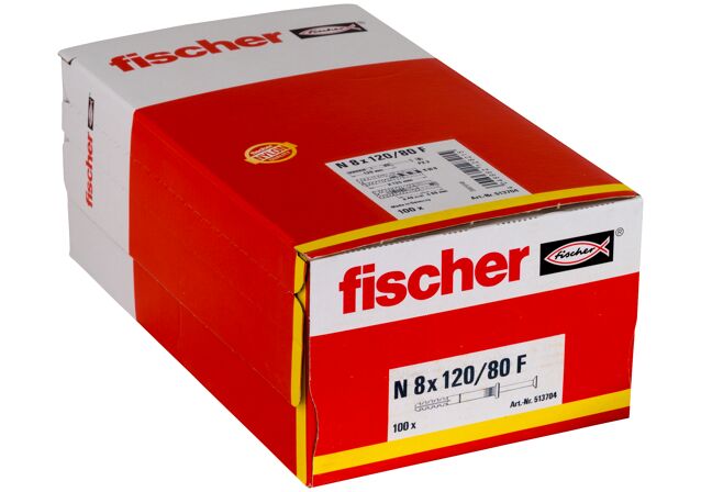 Packaging: "Гвоздевой дюбель fischer с цилиндрическим бортиком N 8 x 120/80 F с оцинкованным гвоздем"