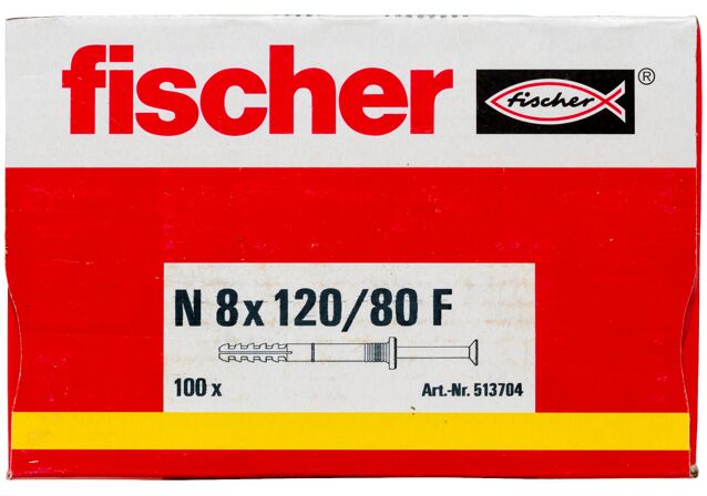 Packaging: "Гвоздевой дюбель fischer с цилиндрическим бортиком N 8 x 120/80 F с оцинкованным гвоздем"