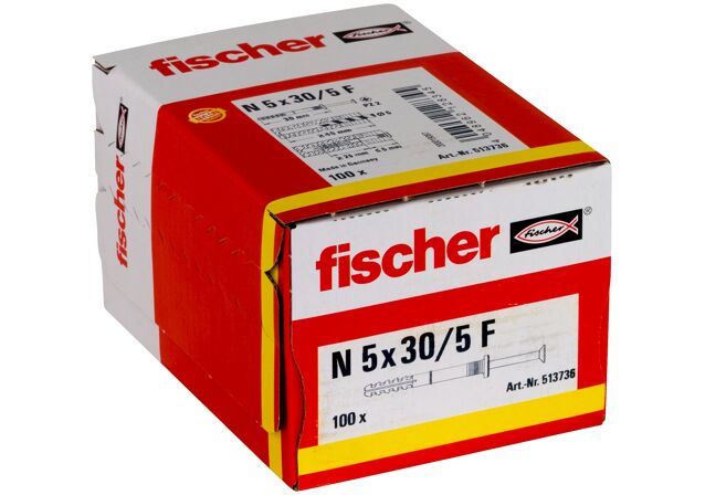 Verpackung: "fischer Nageldübel N 5 x 30/5 F Flachkopf"