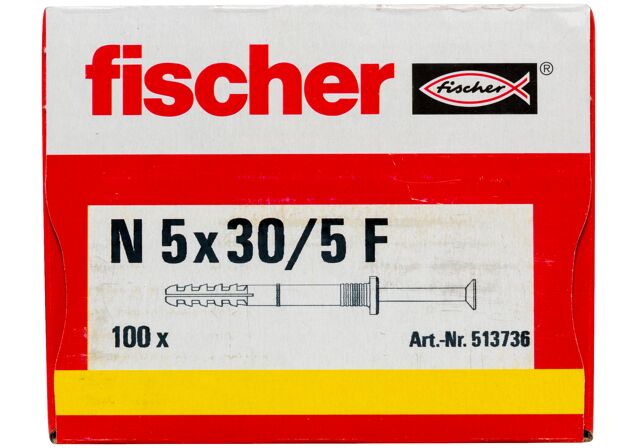 Balení: "fischer natloukací hmoždinka N 5 x 30/5 F se širokým límečkem gvz"