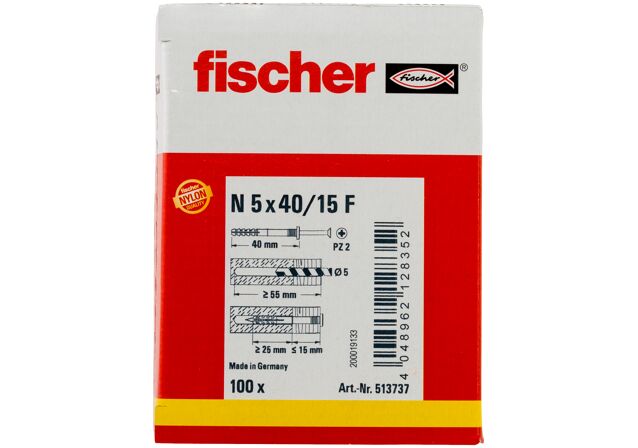 Verpackung: "fischer Nageldübel N 5 x 40/15 F Flachkopf"