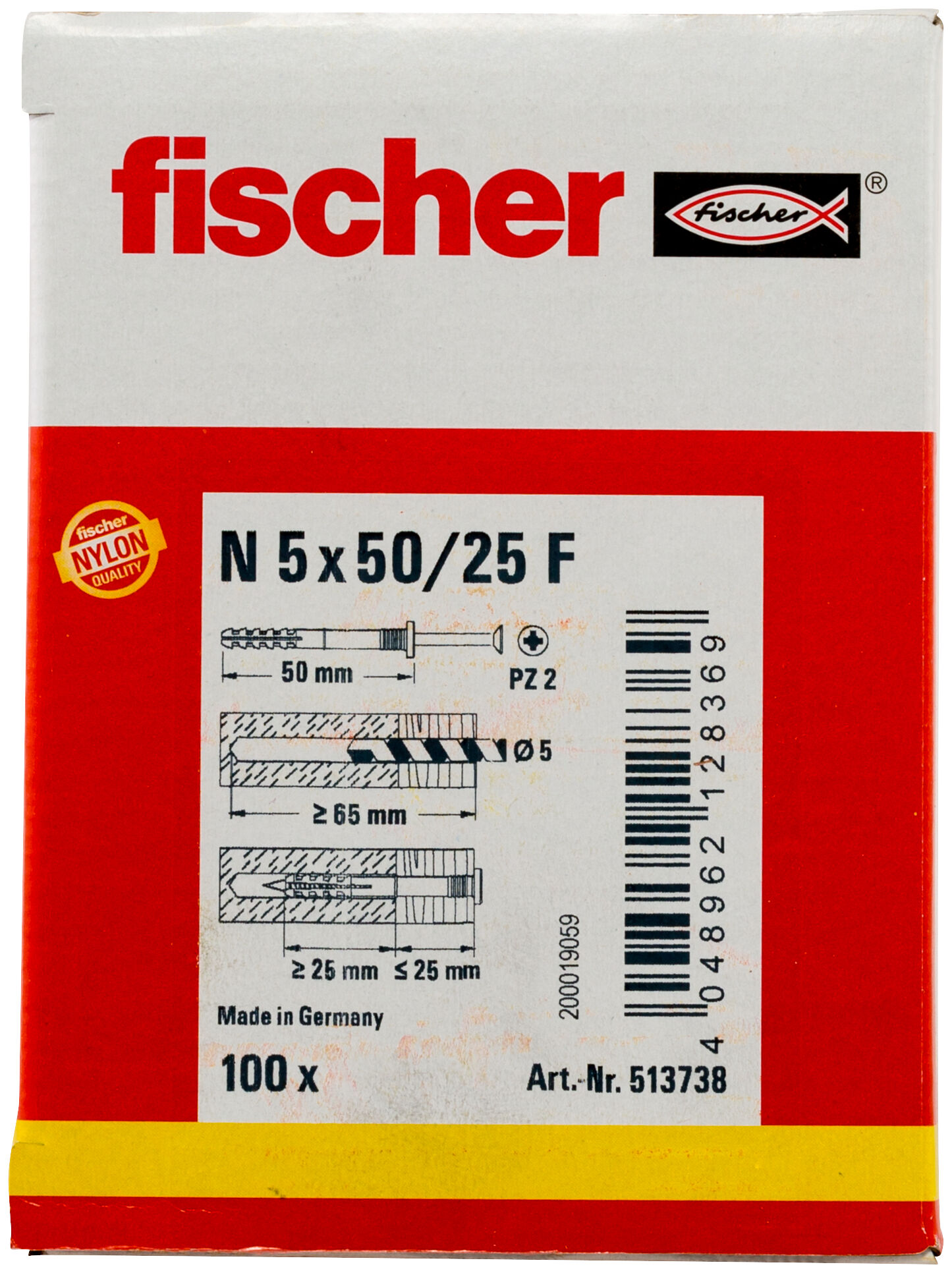 Packaging: "fischer Hammerfix N 5 x 50/25 F with flat head gvz"