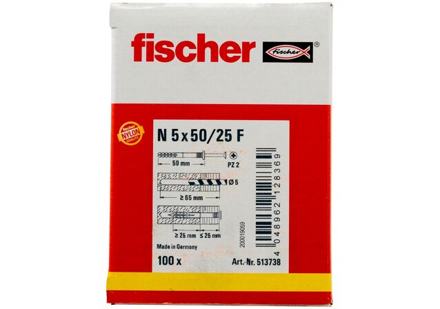 Packaging: "fischer beütődübel N 5 x 50/25 F lapos fejjel gvz"