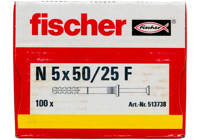 Packaging: "Гвоздевой дюбель fischer с цилиндрическим бортиком N 5 x 50/25 F с оцинкованным гвоздем"
