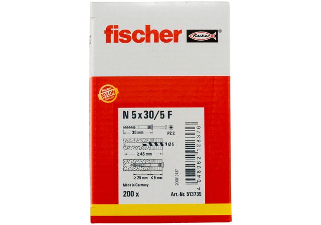 Packaging: "fischer Nagelplug N 5 x 30/5 F met platte kop"