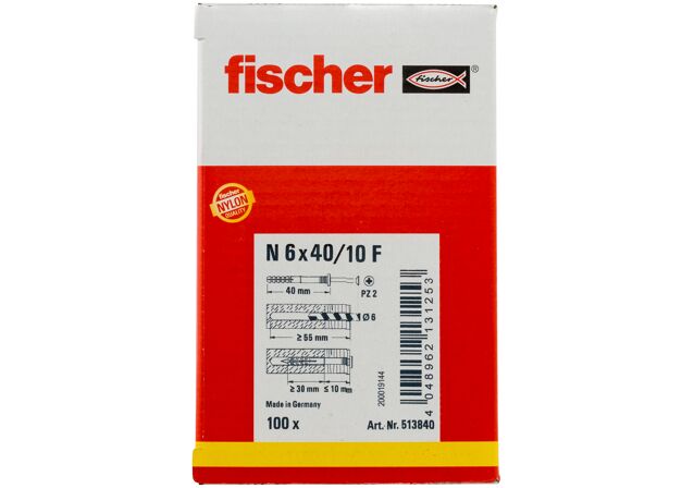 Packaging: "Гвоздевой дюбель fischer с цилиндрическим бортиком N 6 x 40/10 F с оцинкованным гвоздем"
