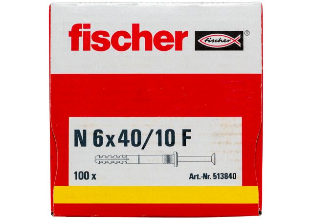 Packaging: "Гвоздевой дюбель fischer с цилиндрическим бортиком N 6 x 40/10 F с оцинкованным гвоздем"