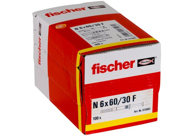 Packaging: "Гвоздевой дюбель fischer с цилиндрическим бортиком N 6 x 60/30 F с оцинкованным гвоздем"
