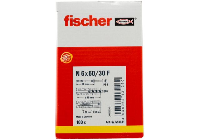 Packaging: "Гвоздевой дюбель fischer с цилиндрическим бортиком N 6 x 60/30 F с оцинкованным гвоздем"
