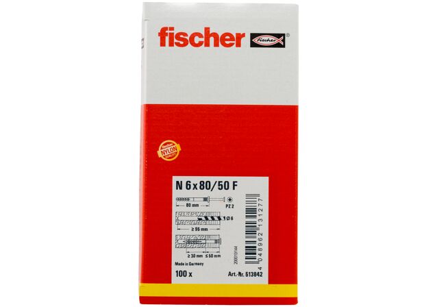 Packaging: "Гвоздевой дюбель fischer с цилиндрическуим бортиком N 6 x 80/50 F с оцинкованным гвоздем"